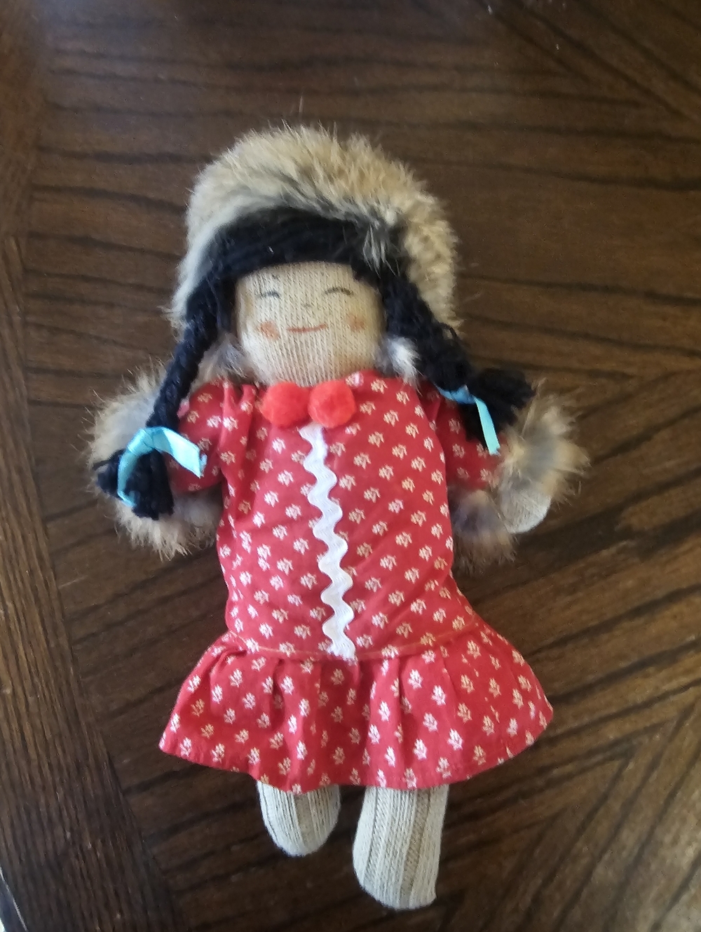 Vintage Rag Doll Red Dress Fur Trim Hat Sock Doll Handmade